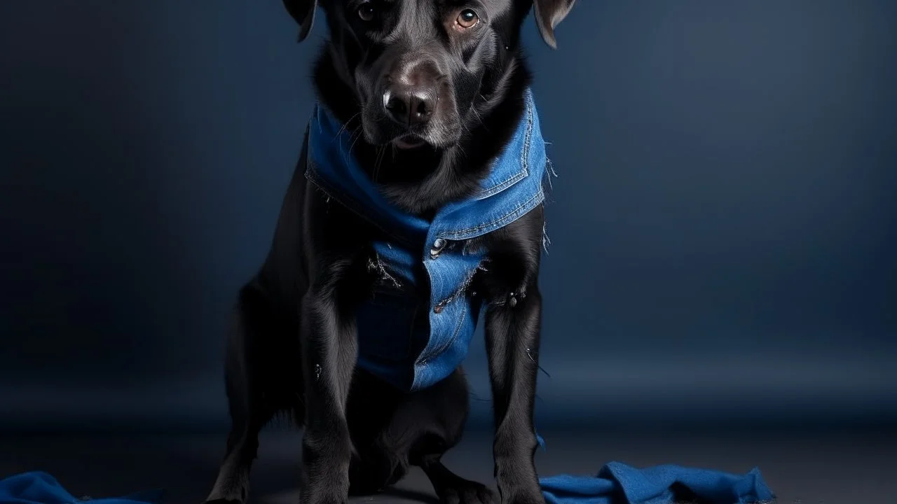 Evil, vicious black dog in blue torn pants