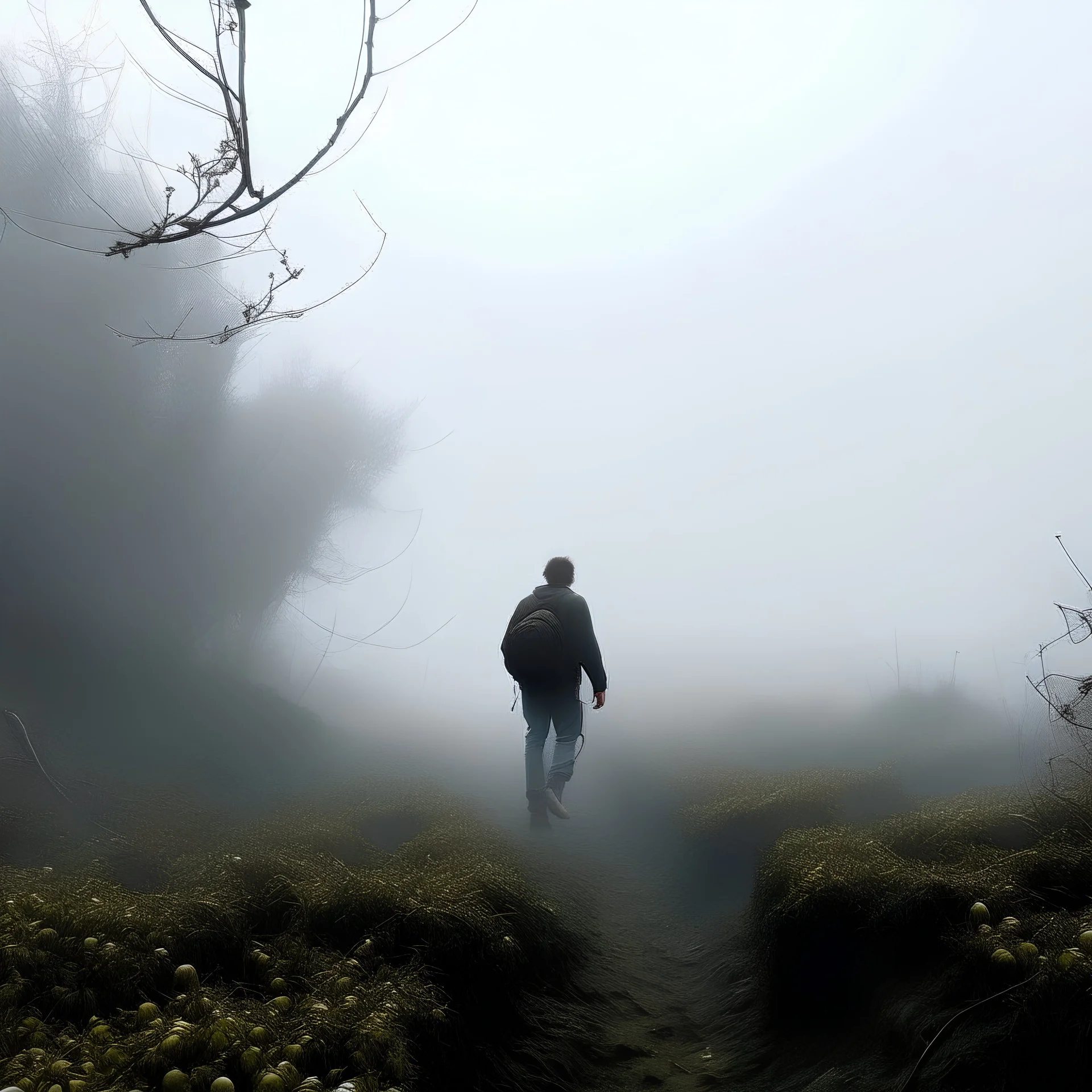 A man walks in the middle of fog and ground covered with large thorns