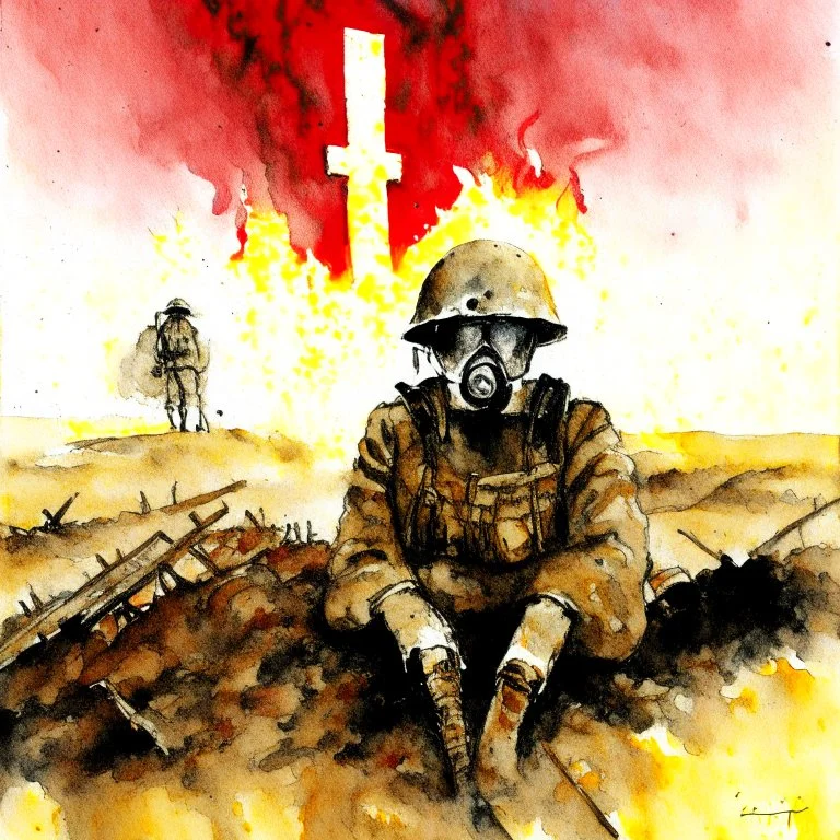 by Dariusz Zawadzki, "No Man's Land The countless white crosses stand mute in the sand, To man's blind indifference to his fellow man" moody World War I memorial composition. Watercolor and ink painting, dynamic composition, double exposure solder with antique WW I gas mask with fiery text "1914" on helmet, dramatic red sky, dramatic, dynamic composition