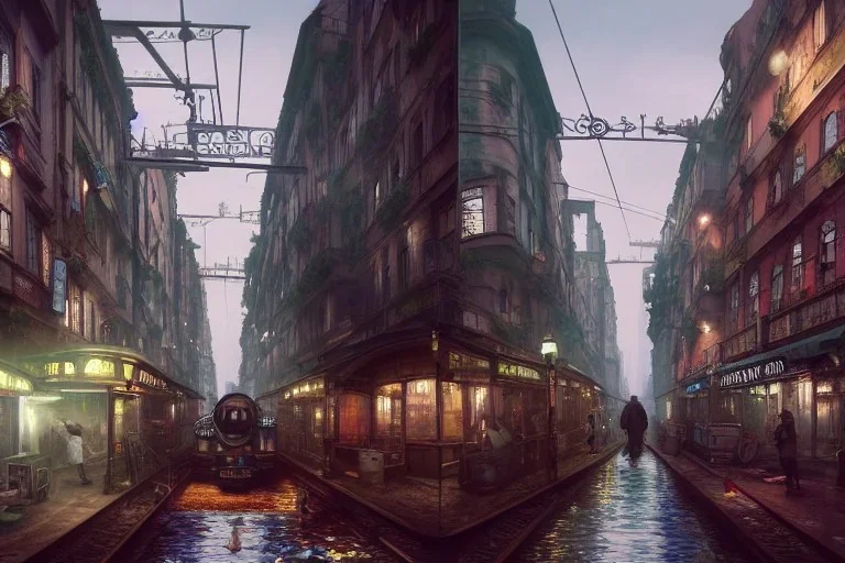 Corner Elevated Train run raid Train Canal River and corner shop greengrocer in colorful Italian street+Gothic city+BioShock+Dishonored+Bloodborne +trieste+Edinburgh+Chicago+victorian London+decòpunk Skyscraper+ +steampunk+biopunk+alphonse mucha, greg rutkowski,matte painting, cryengine, hyper detailed, felix kelly, fantasy art, seb mckinnon