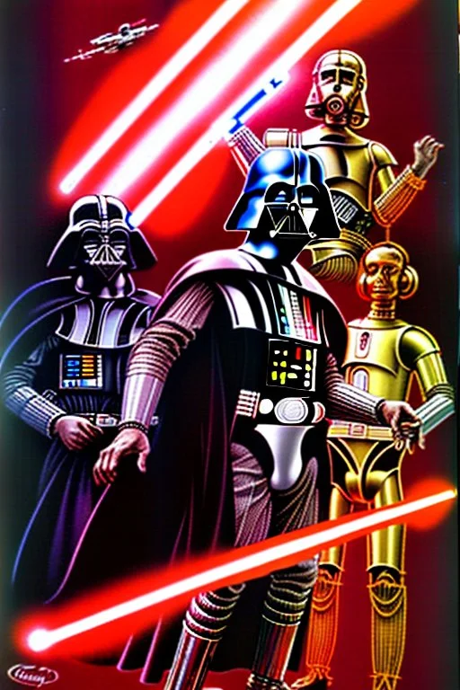 Darth Vader battling Luke Skywalker with lighsabres, while C3PO and R2D2 look on in horror.