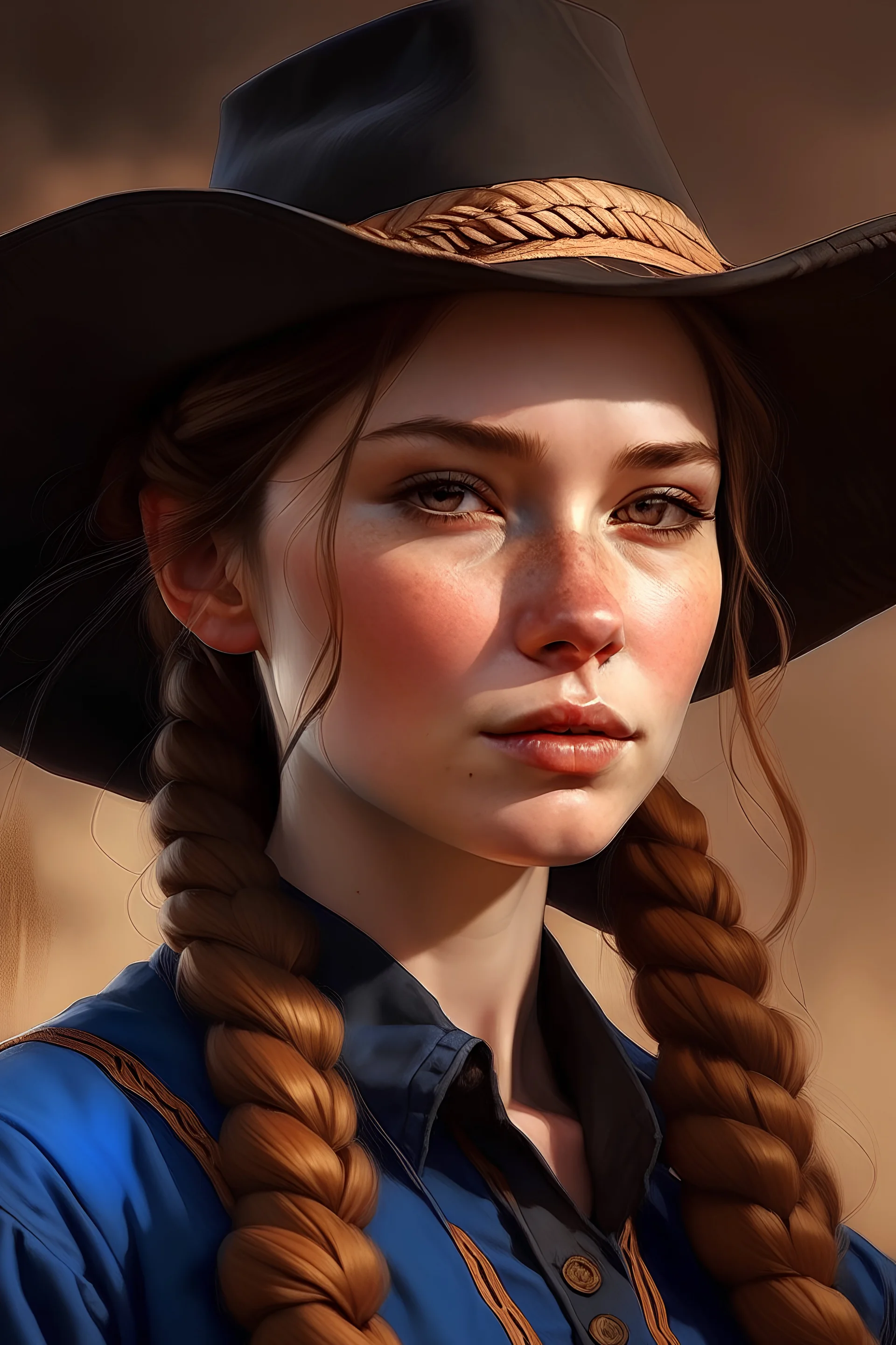 female with pale skin, freckles, brown braided hair, blue eyes, black cowboy hat, wheat, illustration, waist-up