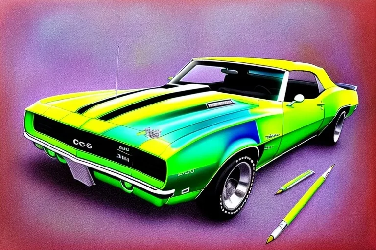 pen and color marker, true-to-life 1969 chevrolet camaro convertible pro street, two-tone paintwork, classic hotrod wheels, detroit steel wheels, centered, intricate, extreme detailed, photorealism, center view, stylized random background, pivot on camaro, painting by cheryl kelley