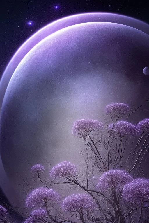 a background of softly blended blues, greys, silvers, purples, and whites with distant, twinkling stars in the sky, an a spherical serene moon, casting a soft glow of light on a foreground of a field of various flowers surrounding a tree of life