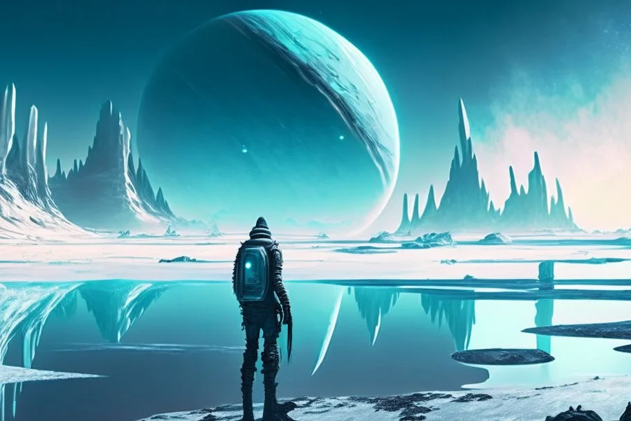 alien landscape with person seeing a grey exoplanet in the horizon, lagoon, ice blocks, sci-fi, concept art, cinematic, very epic