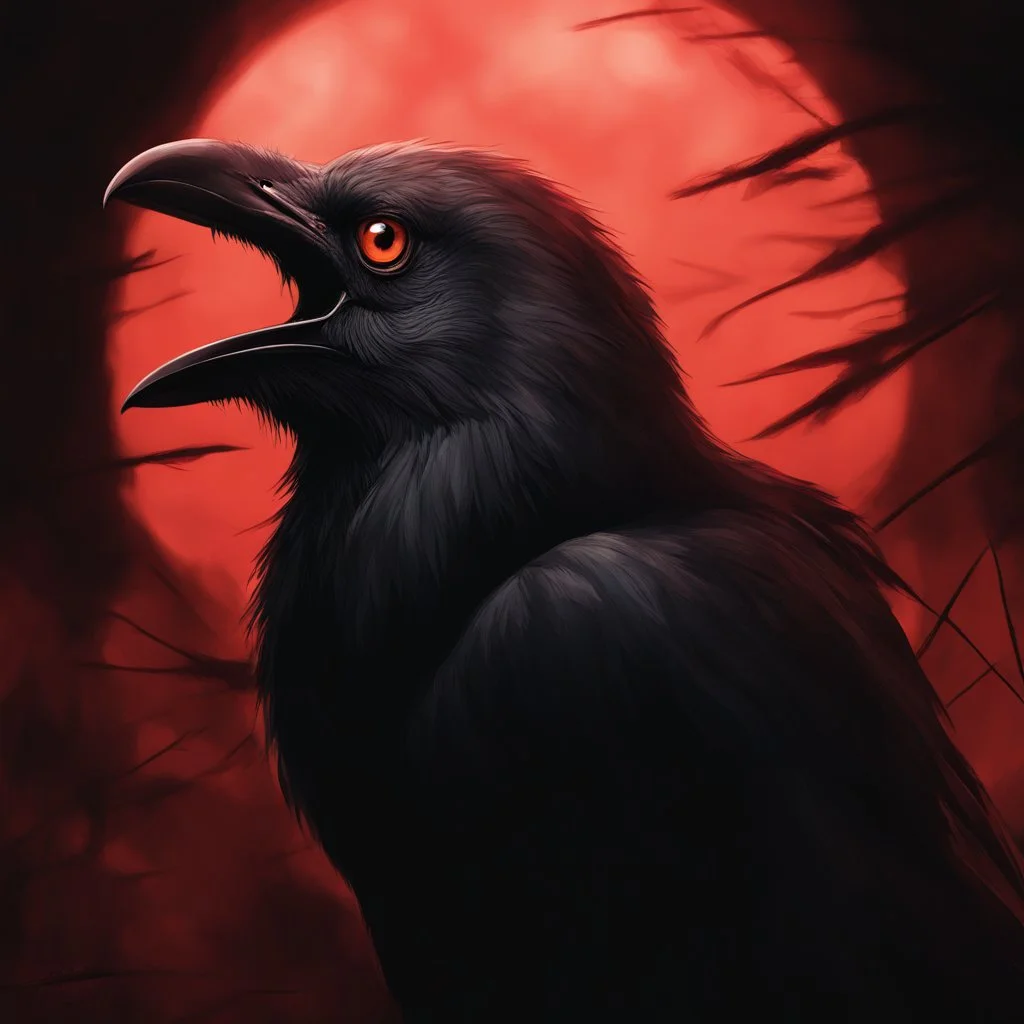 "Generate a high-resolution image of a very macabre crow. The scene should be set in dim, shadowy lighting, giving the atmosphere a dark and eerie feeling. The crow should have sinister, menacing features, with ragged feathers, sharp talons, and piercing eyes that glow faintly. Ensure that the background is ominous, perhaps with hints of fog or a moonlit graveyard, adding to the overall spooky ambiance. The entire image should convey a sense of dread and mystery." resolution 60k