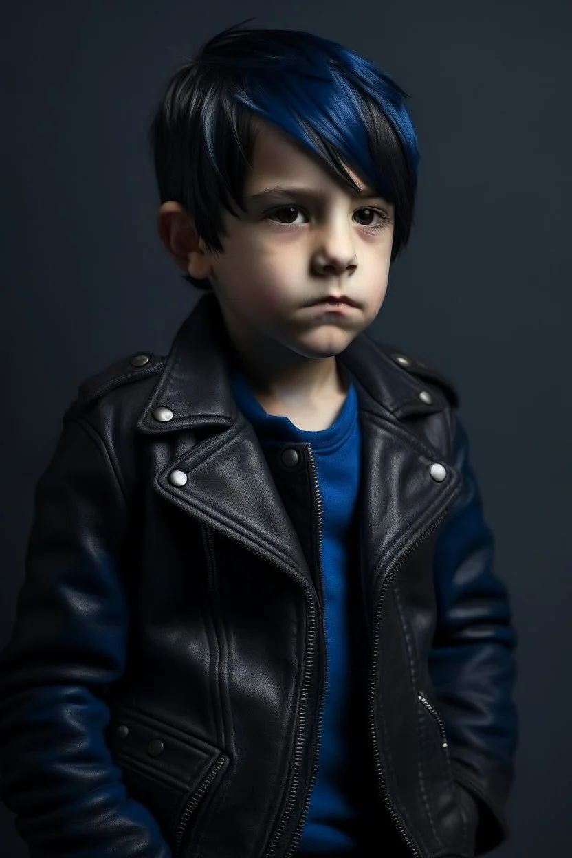 dark blue haired boy in a leather jacket