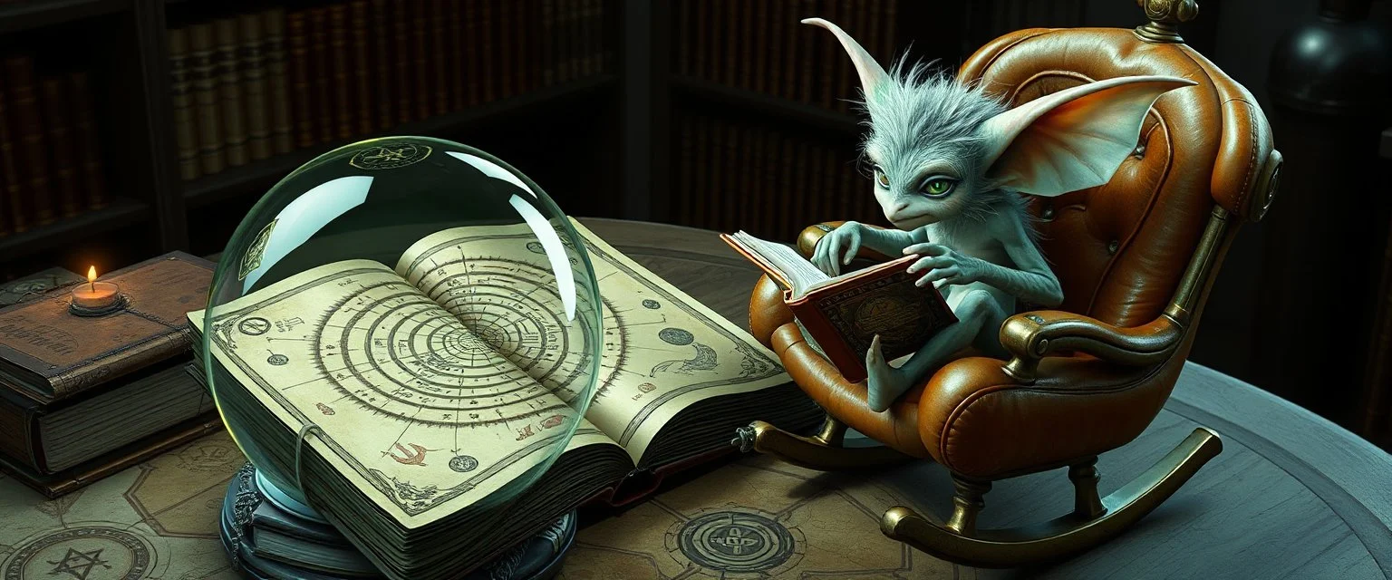 map of labyrinth contained in a glass ball with elemental sigils and symbols on a table beside a book called Rotten Riddles Age with weird illustrations, being read by an fluffy imp gremlin druid librarian in a cyber punk rockin chair in the style of Fallout 4 and Escher