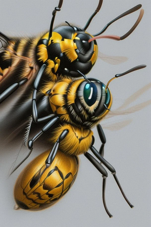 Realistic drawing with colored pencils of a wasp on a white background