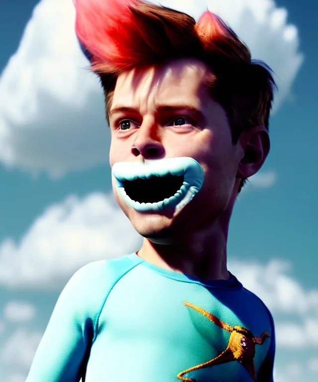 Ultra realistic clouds sky scene, medium shot view, portrait, sweet Peter Pan Childs, free jumping flying, trinkets, monster hair, jelly beans, inflatable helmet, smile, happy, Wes Anderson style, inflatable color clothing, extreme, wind, clouds sea, 20,000 feet altitude, stratosphere, soft color, highly detailed, unreal engine 5, ray tracing, RTX, lumen lighting, ultra detail, volumetric lighting, 3d, finely drawn, high definition, high resolution.