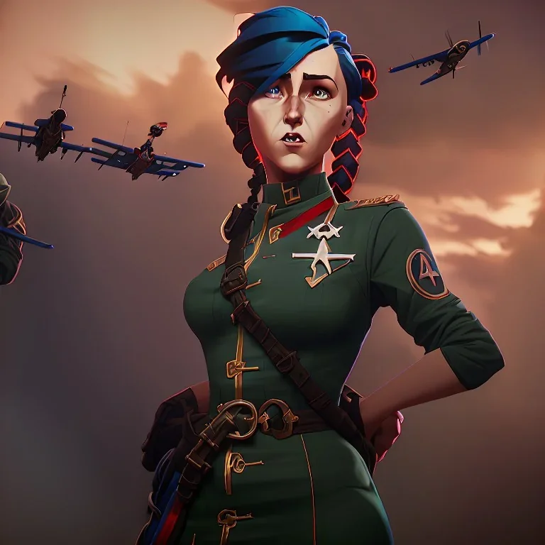 War propaganda of a temptress sexy patriotic female soldier in a skirt long blue braided hair wearing green w red lights full torso wearing medals and a biplane overhead flying in the background