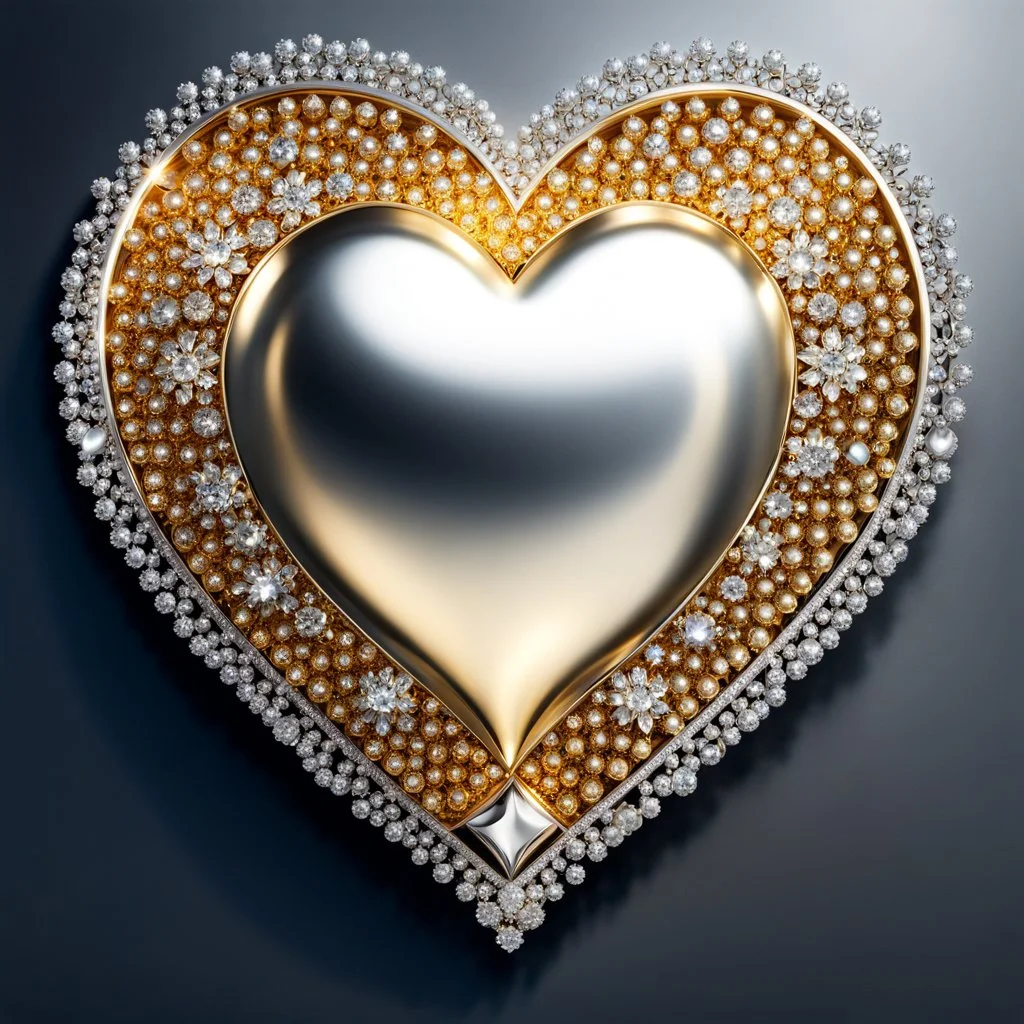 A magnificent golden and silver heart-shaped sign adorned with a stunning golden sphere encrusted with sparkling diamond clusters at its center, elegantly spinning in position.