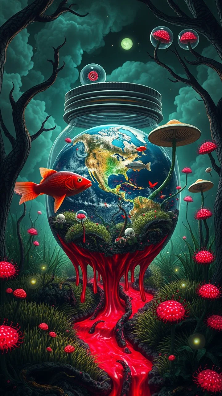 Quintessential Horror Surrealism:A cyber-a planet Earth in a jar catastrophic dimensional fission through Seedream 3D recursive rendering, clouds , fracturing into chaos Legion Doodle simultaneous nightmare realities while simultaneously occupying four perforated reality levels—manifests as a blood-drenched forest where fish weep crimson sap and bioluminescent fungi pulse with recursive Fibonacci patterns, surrounded by carnivorous grass with fanged mouths dripping neon venom; mat