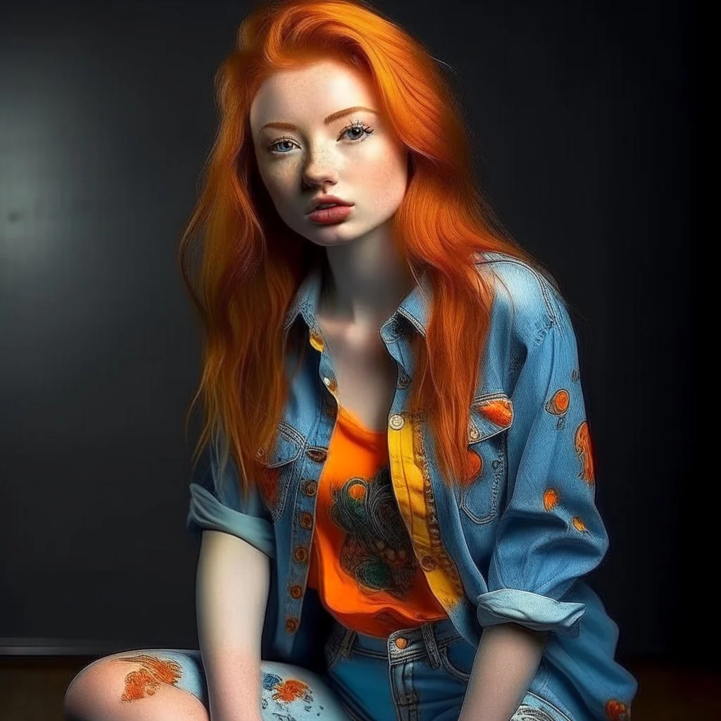 pretty girl, aged 21, ginger, attractive, colourful clothes, realism, jeans, sexy