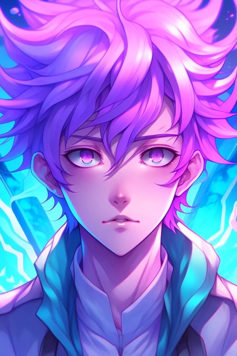 An anime man with messy short pink hair and narrow blue eyes with tentacles.