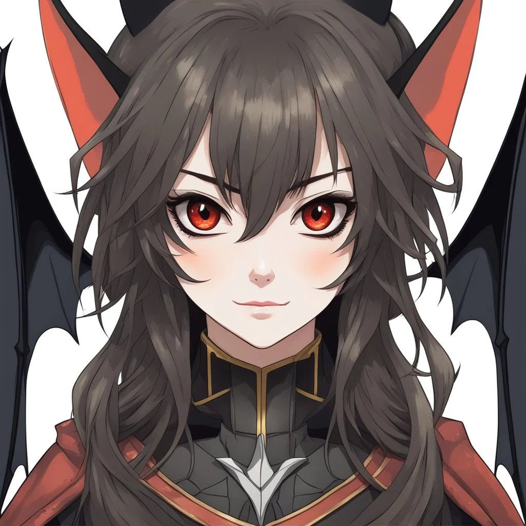 A headshot portrait of a bat demihuman which is a human with bat characteristics. woman with long brown hair, red eyes, large bat ears and bat wings, intricately detailed, painterly anime style