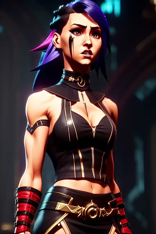 j.scott campbell, serena from mortal kombat, full head to toe portrait, lathe build, wearing black and red mini skirt, thigh high boots and crop top, big eyes, eyes are both in proportion, 3/4 look, long black hair with red streak, small up turned nose, large breasts, small waist, round butt, standing, dark cobblestone alley, one halo white light behind head, non photorealistic rendering