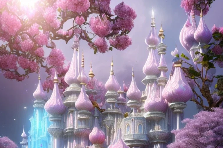 a magical crystal flower lys bougainvillier, blue gold house indian palace castle in the woods, magnolias pink,blue lake,sun,white swanns,pink vertical, blue lake,sharp, vines, candlelit, endor, ornate, elegant, highly detailed, artstation, concept art, smooth, sharp focus, illustration, 8k, splash art, wallpaper, key visual