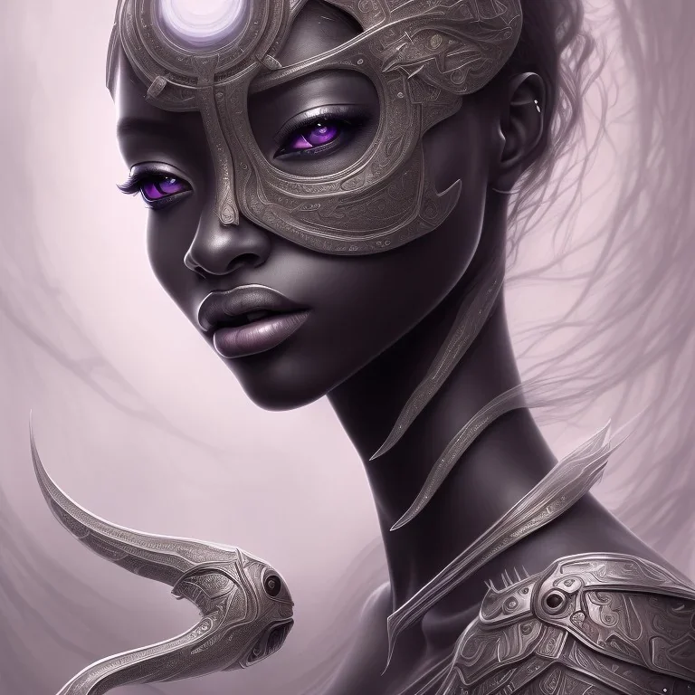 sango fantasy, fantasy magic, intricate, sharp focus, illustration, highly detailed, digital painting, concept art, matte, masterpiece head sexy front view black African beauty space lady silver carp skin one head African space night