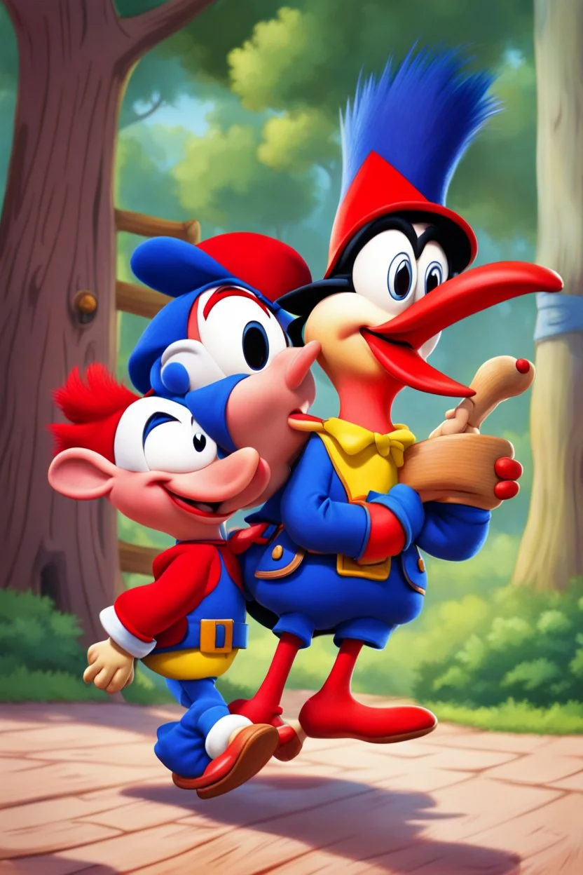 Woody woodpecker giving noddy a piggyback