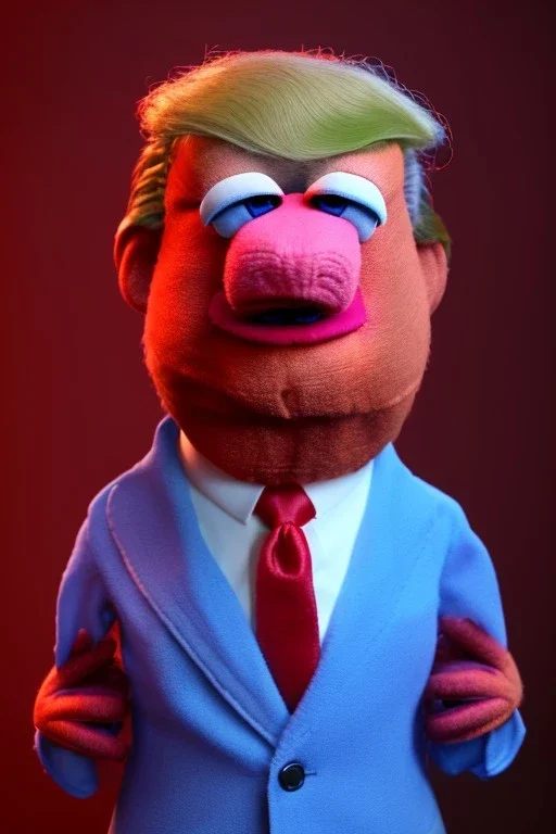 Waist up muppet Portrait, Donald trump as muppet doll, Blue suit retro style, photo studio, blue background, unreal engine 5, concept art, art station, god lights, ray tracing, RTX, lumen lighting, ultra detail, volumetric lighting, 3d.