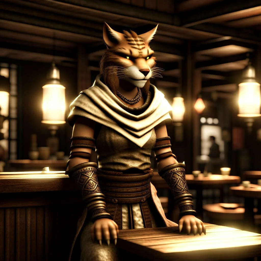 A distressed khajiit from Skyrim dressed in rags with brown spotted fur in a medieval fantasy tavern