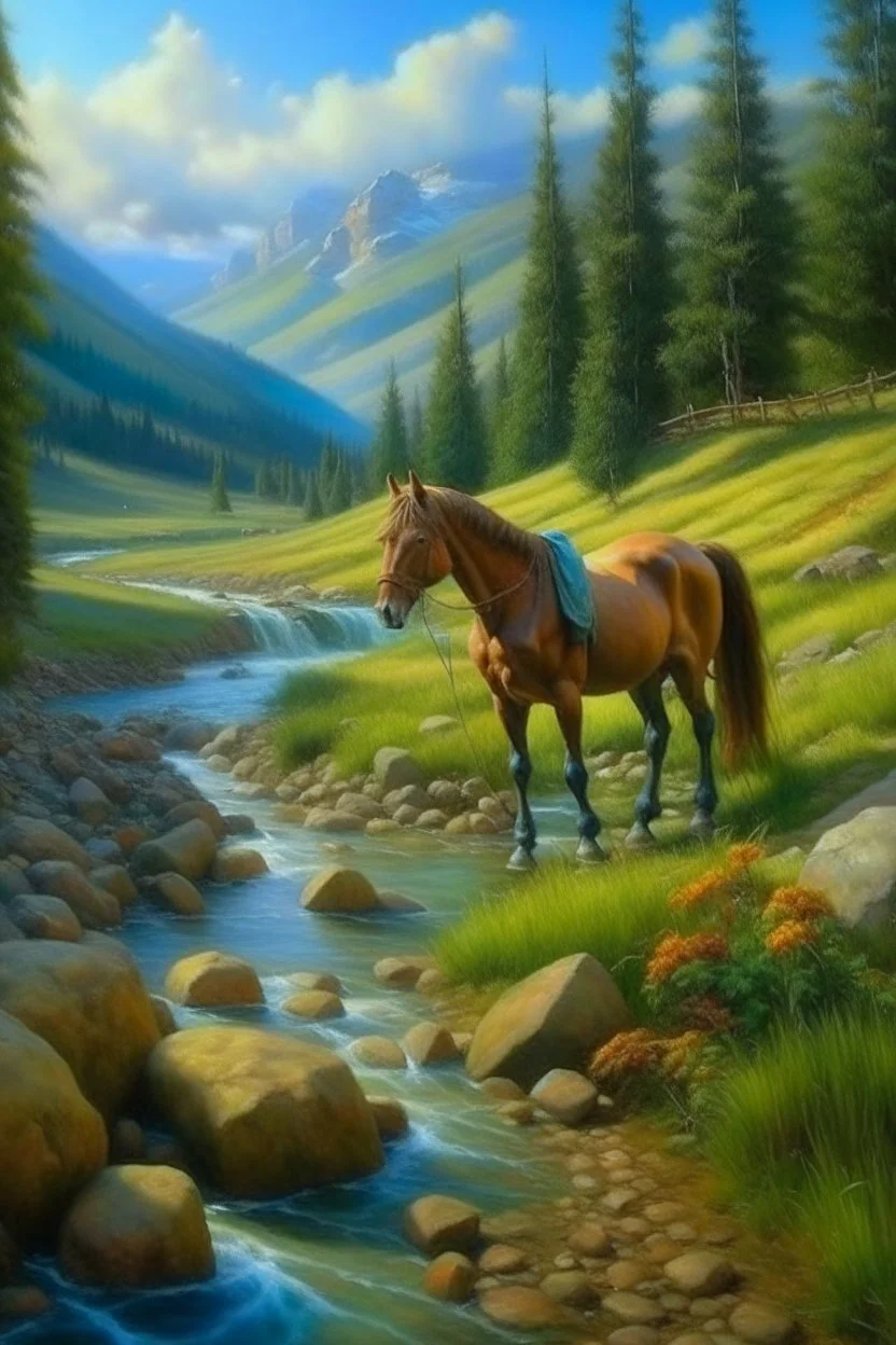 walking in mountains by stream, horse caterpillar, prize winning oil painting,book cover illustration