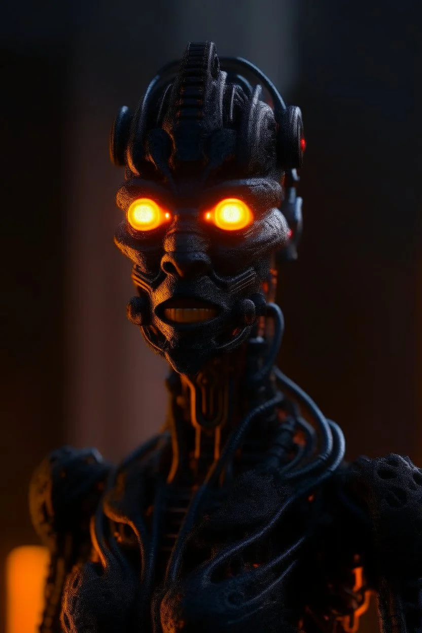 forbidden obsidian tower, neon charcoal robot that stares at us like we are the prettiest demon it has ever seen, its such a perfect day i am glad i spent it with you, motion blur, smoke, 8k, downlight, soft light, depth of field, photorealism, trending on art station, lotsa detail