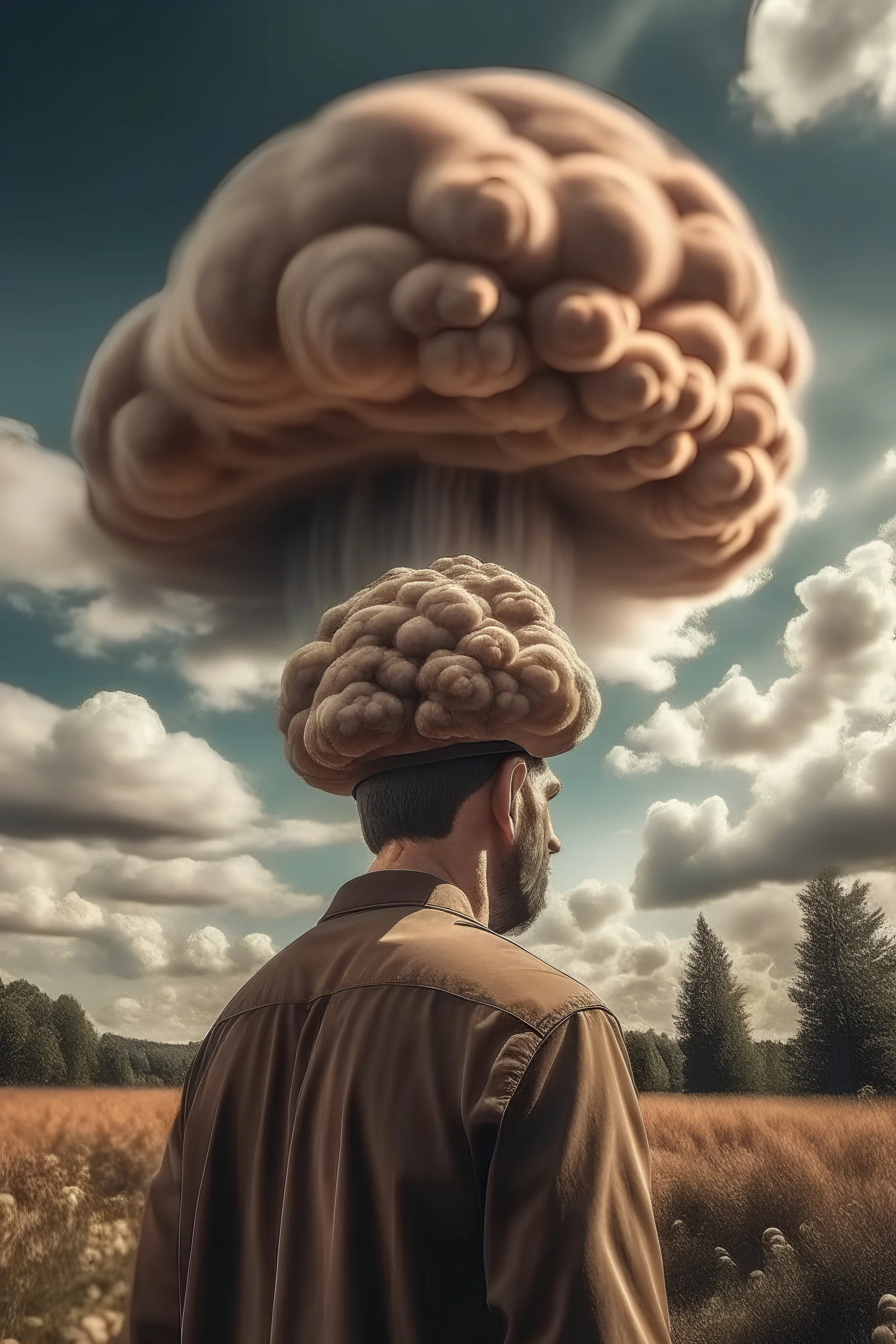 mushroom clouds explosions coming out of a man’s ear holes, hdr, 4k, fujifilm, leica, cinematic