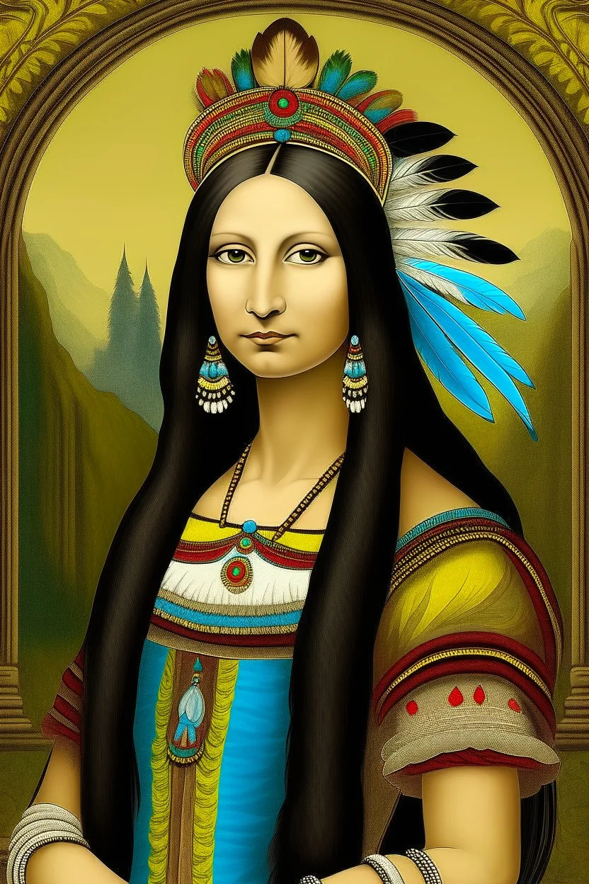 Mona Lisa wears a Pocahontas dress and a Native American feather on her head