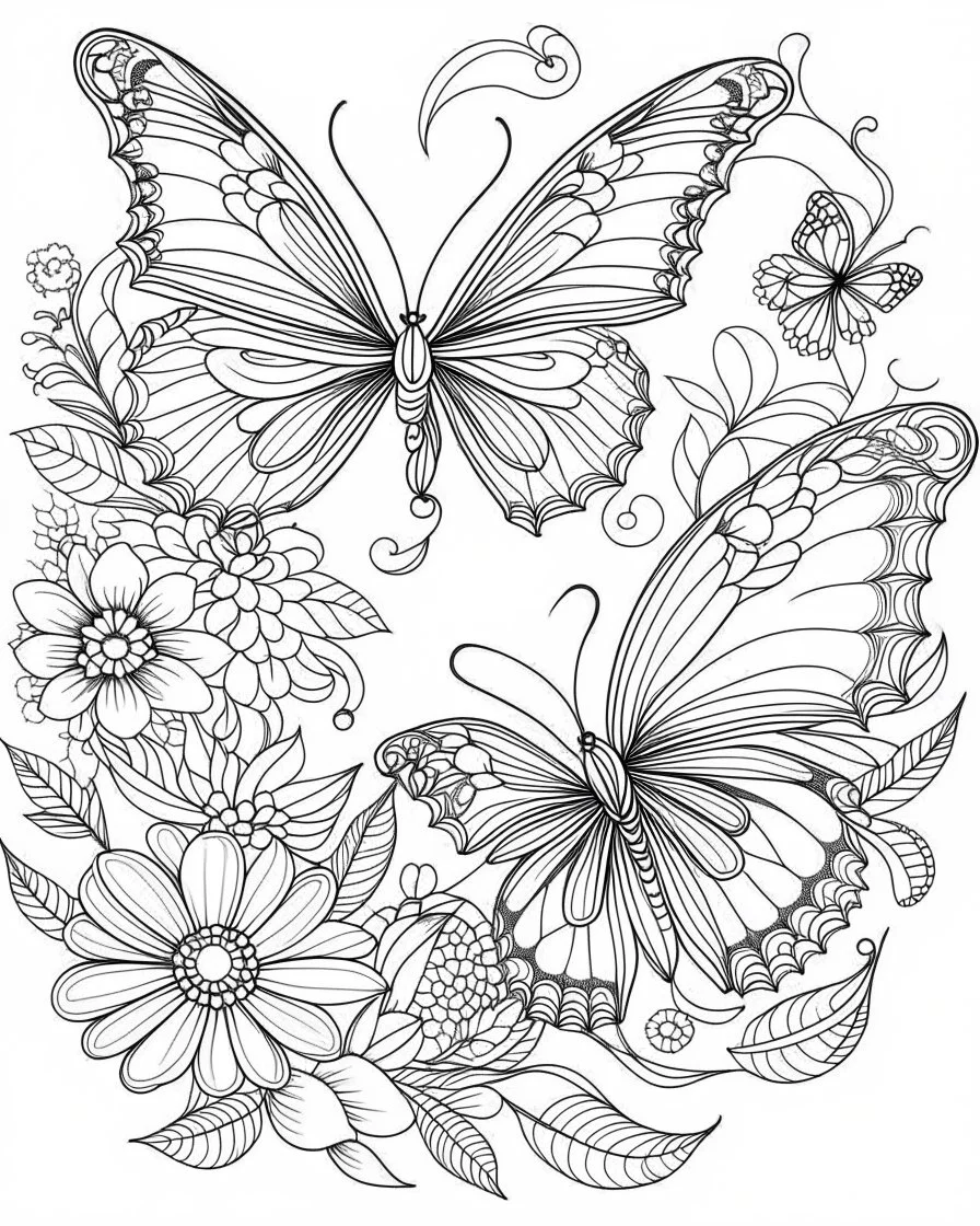 butterfly and flower coloring page for adult