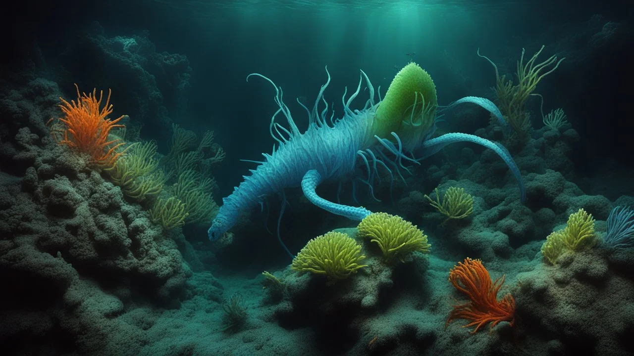 animals creatures, plants from subanautica from deep sea, leviathan's a lot of sea plants very deep, beautiful, river of magma, green and blue.