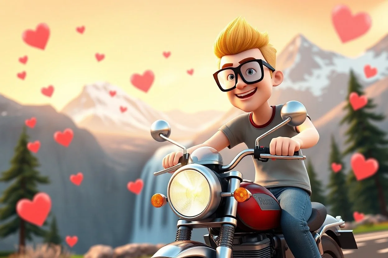 3D video game characters, a short blonde haired man wearing eyeglasses, t-shirts and jeans riding a motorcycle in alps, snow copped mountains, hearts, waterfall, happiness