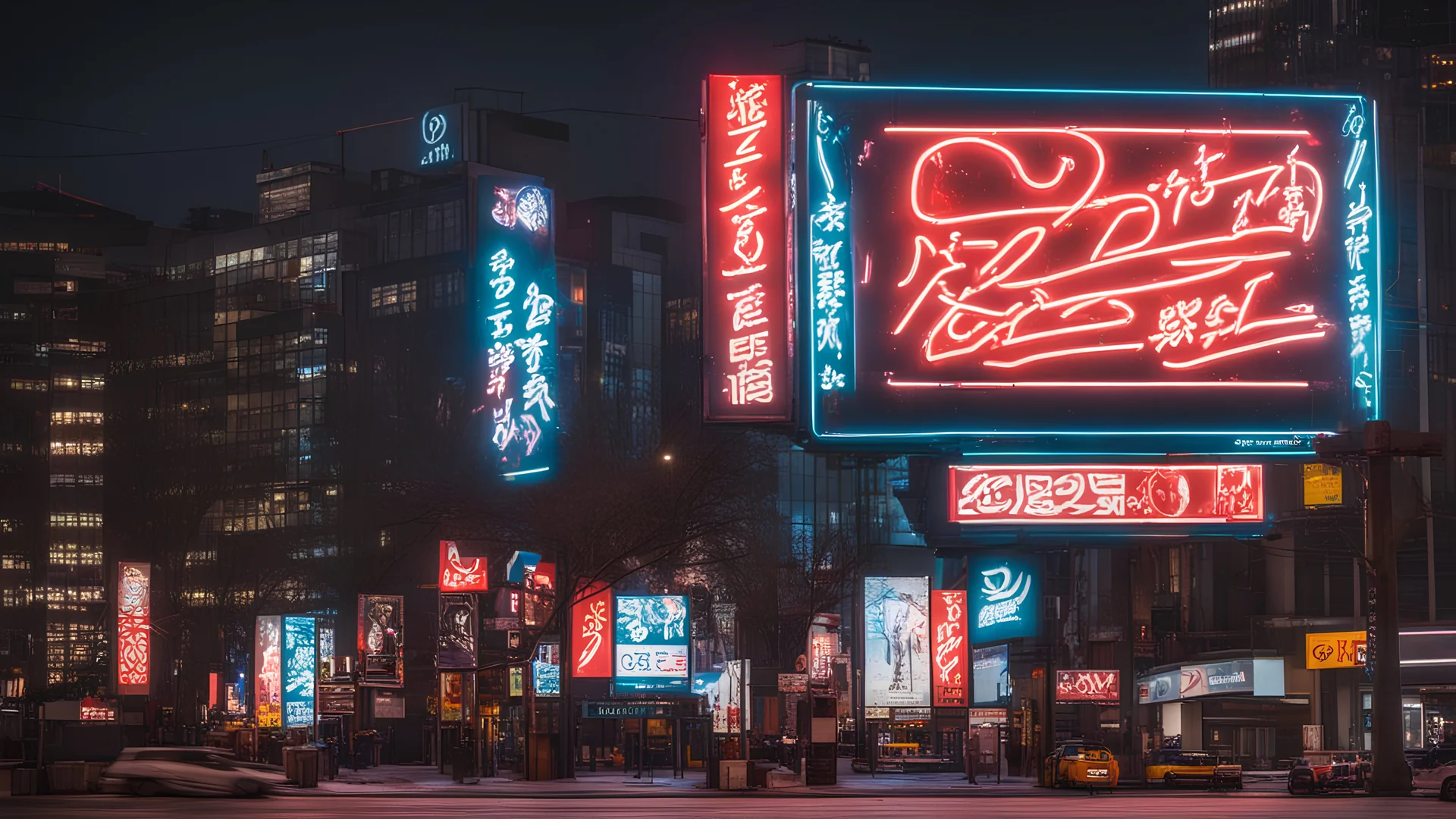 a billboard branded writing Odk Tokusentai , with neon light, in the city center, at night . in Montréal