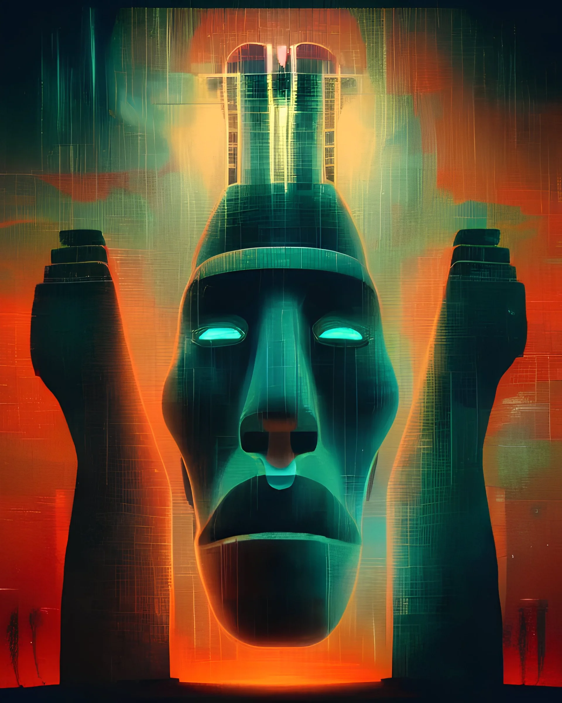 portrait of moai as a cyborg. intricate abstract. intricate artwork. by tooth wu, wlop, beeple, dan mumford. mulholland drive by david lynch, dune by david lynch, blade runner 2049 by dennis villeneuve, patrick nagel, octane render, trending on artstation, greg rutkowski very coherent symmetrical artwork. cinematic, hyper realism, high detail, octane render, 8 k, iridescent accents