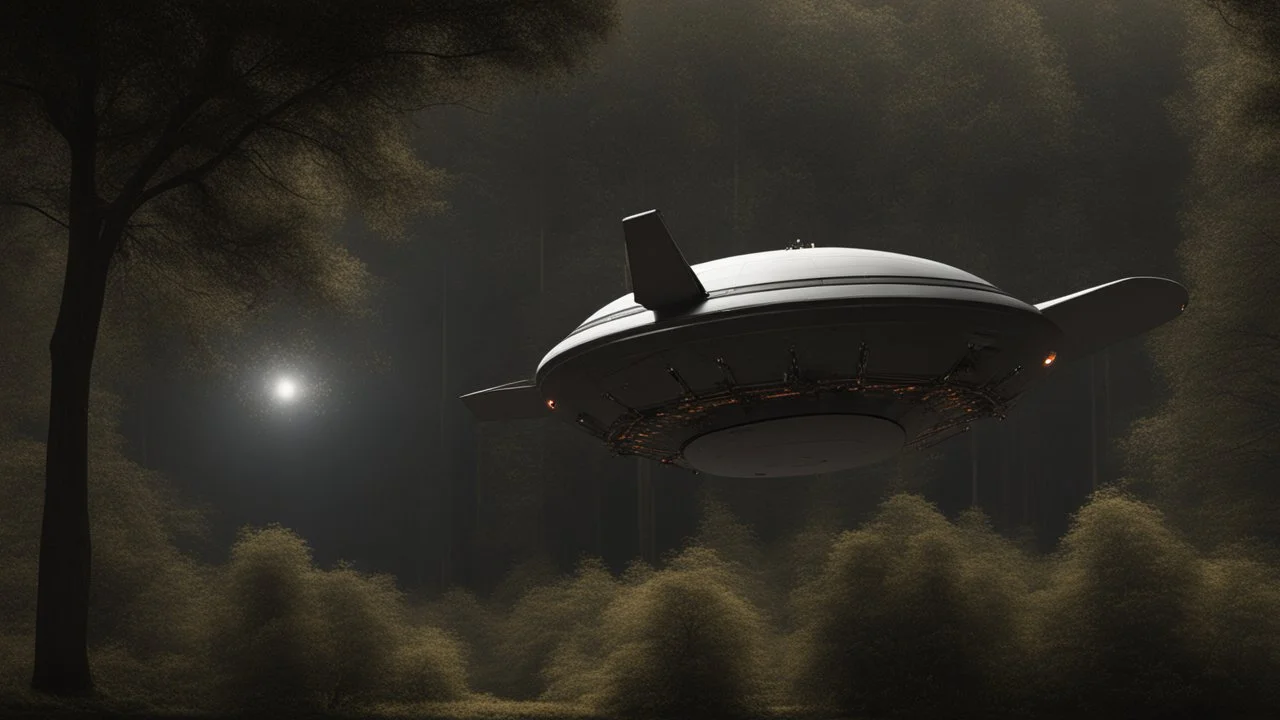 sleek cargo spacecraft landing in a clearing surrounded by trees