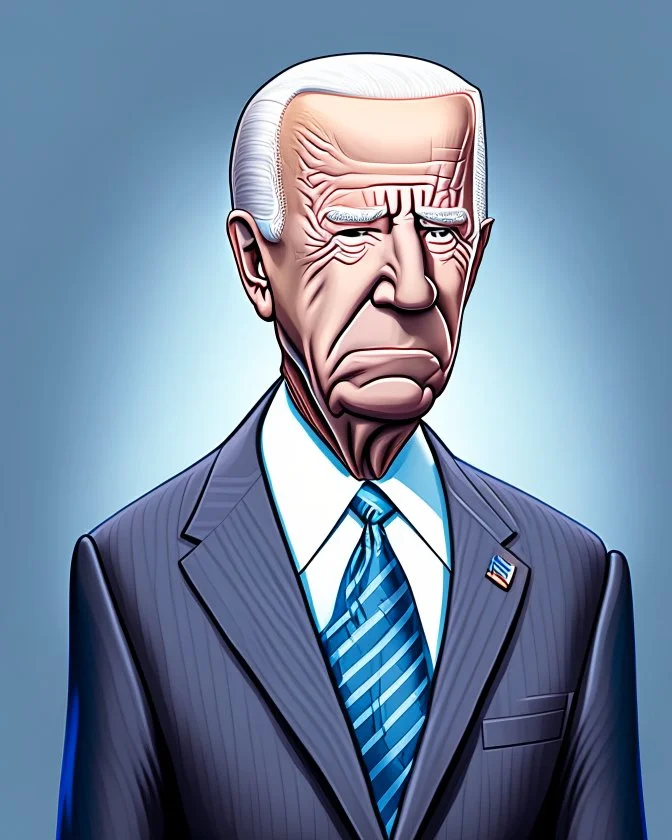 Cartoon of presidente Joe Biden cuerpo completo cara grotesca hiperdetallado traje gris colores complementarios en el fondo la casa blanca