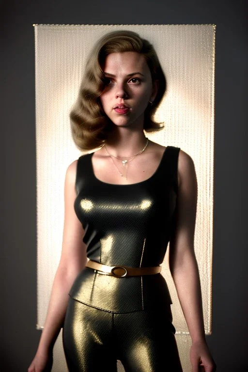 retro portrait image from 1960, supermarket parking explosion, long hair, young Scarlett Johansson, classic black tight lycra suit, gold bracelet and belt, high heel boots, soft color, highly detailed, unreal engine 5, ray tracing, RTX, lumen lighting, ultra detail, volumetric lighting, 3d, finely drawn, high definition, high resolution.