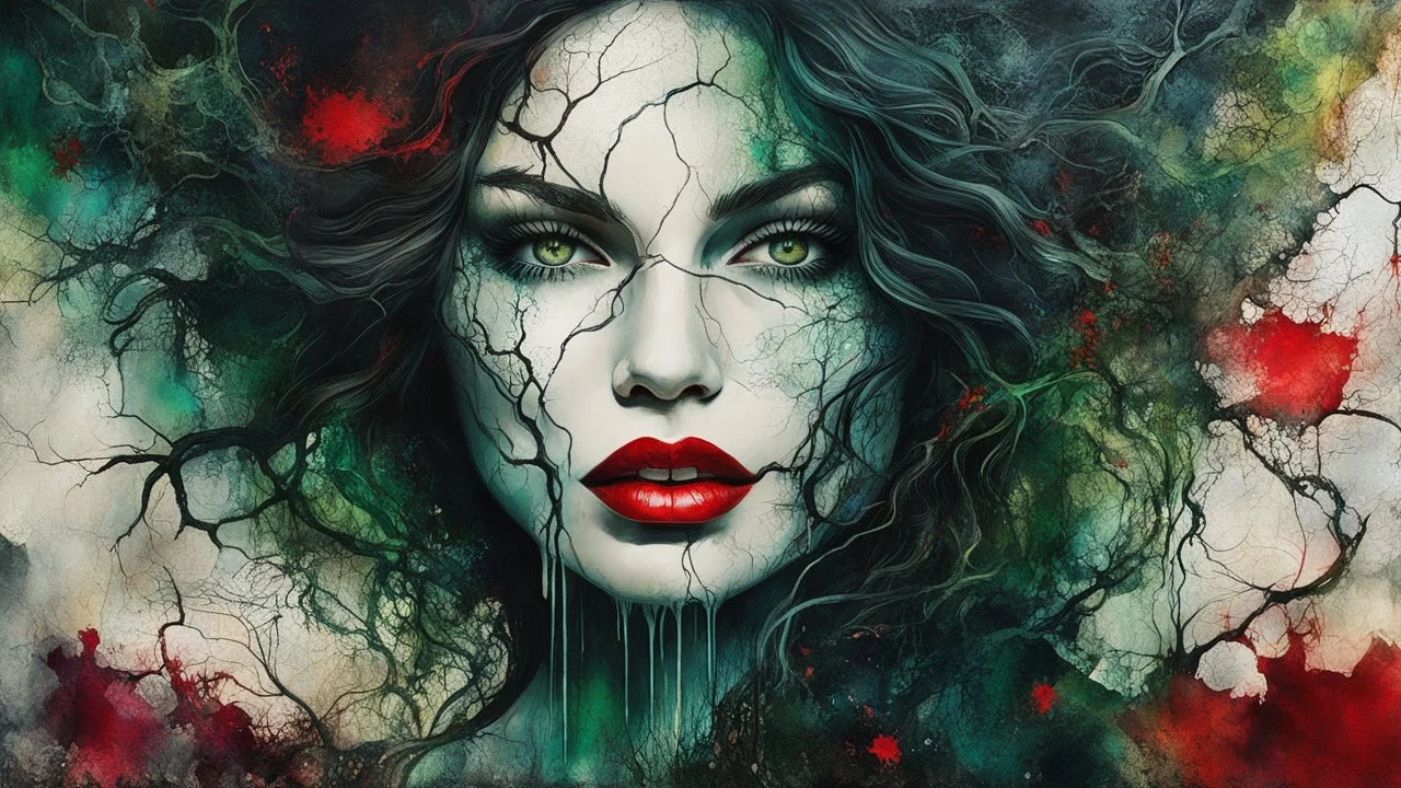 old worn torn, multi-layered cracked canvas, fine detailing with alcohol ink, Captivating realistic painting of a WOMAN, fair face, red lips, splashes of color, HORNS, FANGS, BLOODY TEARS, Multiple exposure, fluffiness, her face is illuminated, her hair merges with swirling fractal vines and tree roots, dark green foliage, symbolizing the unity of strength and wild nature. Flowing hair dissolves into intricate, endless patterns, as if they are protectors and part of the same organic force. Moon