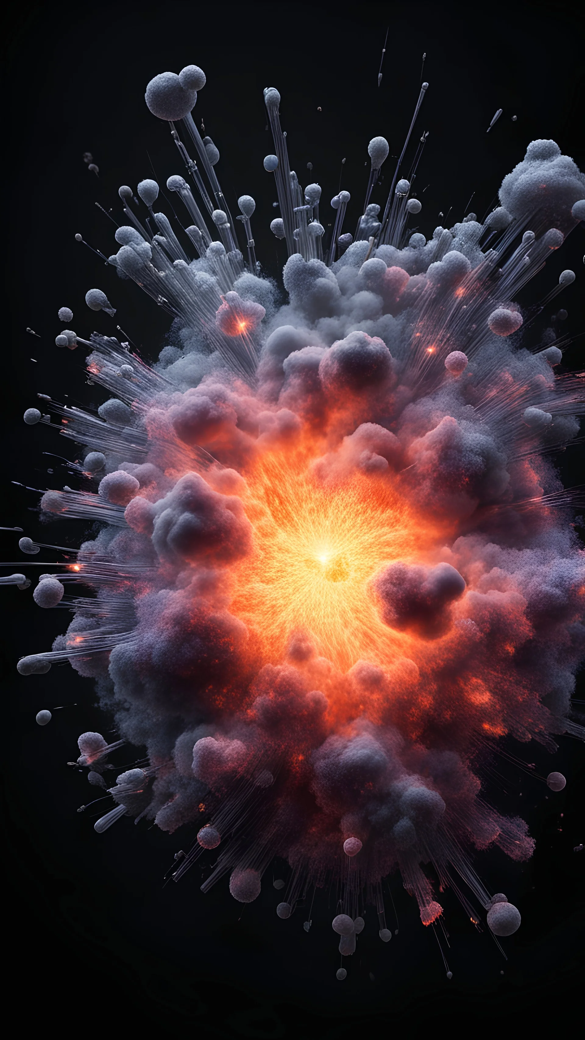 molecular vibrant with giant implosion. Photography. Ultra Realistic photo. HD. Glowing. Black background.3d style. Mystical atmosphere.