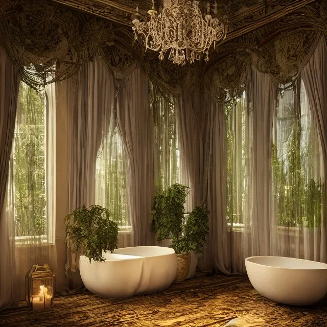 a gorgeous, stunning spa with gauzy curtains, large, ornate bath, dark wood floor, decorative foliage, plants, candles, flowers, tranquil, 8k resolution, high-quality, fine-detail, digital art, detailed matte, volumetric lighting, illustration, 3D octane render, brian froud, howard lyon, selina french, annie stokes, lisa parker, greg rutowski,