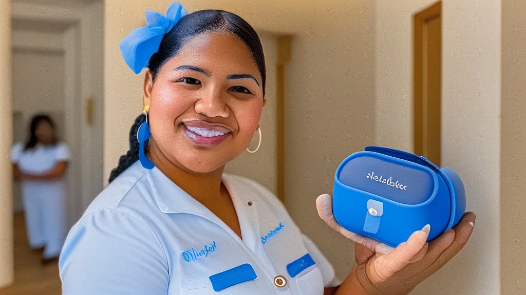 hispanic housekeeping holding airpod case