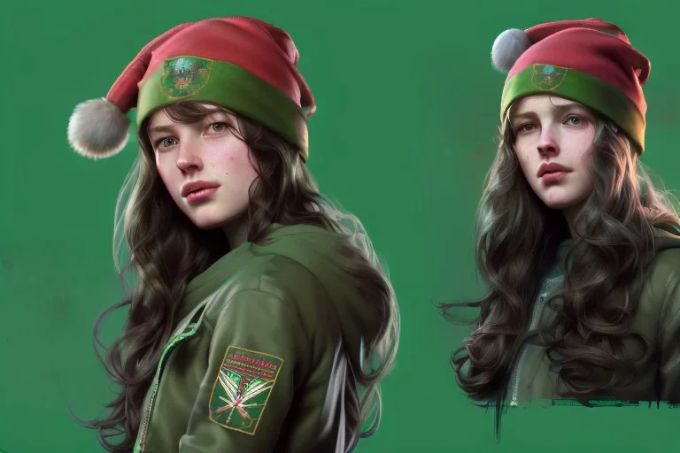 girl, cute, beautiful, long hair, wavy hair, red hair, green eyes, green beanie, green coat, black tee shirt, head and shoulders portrait, 8k resolution concept art portrait by Greg Rutkowski, Artgerm, WLOP, Alphonse Mucha dynamic lighting hyperdetailed intricately detailed, algerian flag