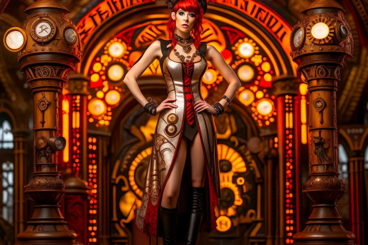 full body shot of a skinny Cleopatra, with a bob red hairstyle, standing in a steampunk setting.