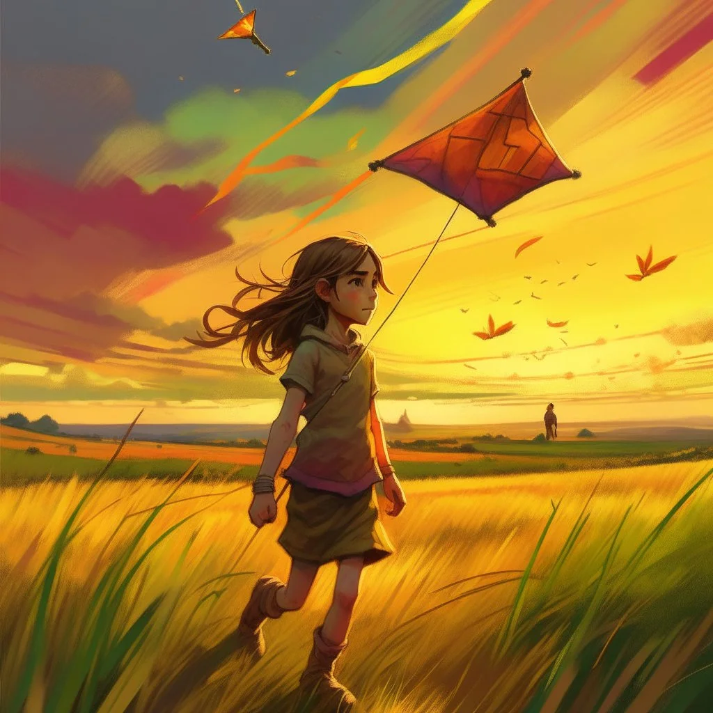 A young girl stands in a field of tall grass, her hair blowing in the wind. She is holding a kite, but the string is slack. The kite is not flying. Instead, it is hovering in the air, perfectly still. The sun is setting, and the sky is ablaze with color. The girl is the only person in the field, but she is not alone. A small puppy is running at her side, its tail wagging. The girl smiles down at the puppy, and they continue to run through the grass, the kite hovering overhead.