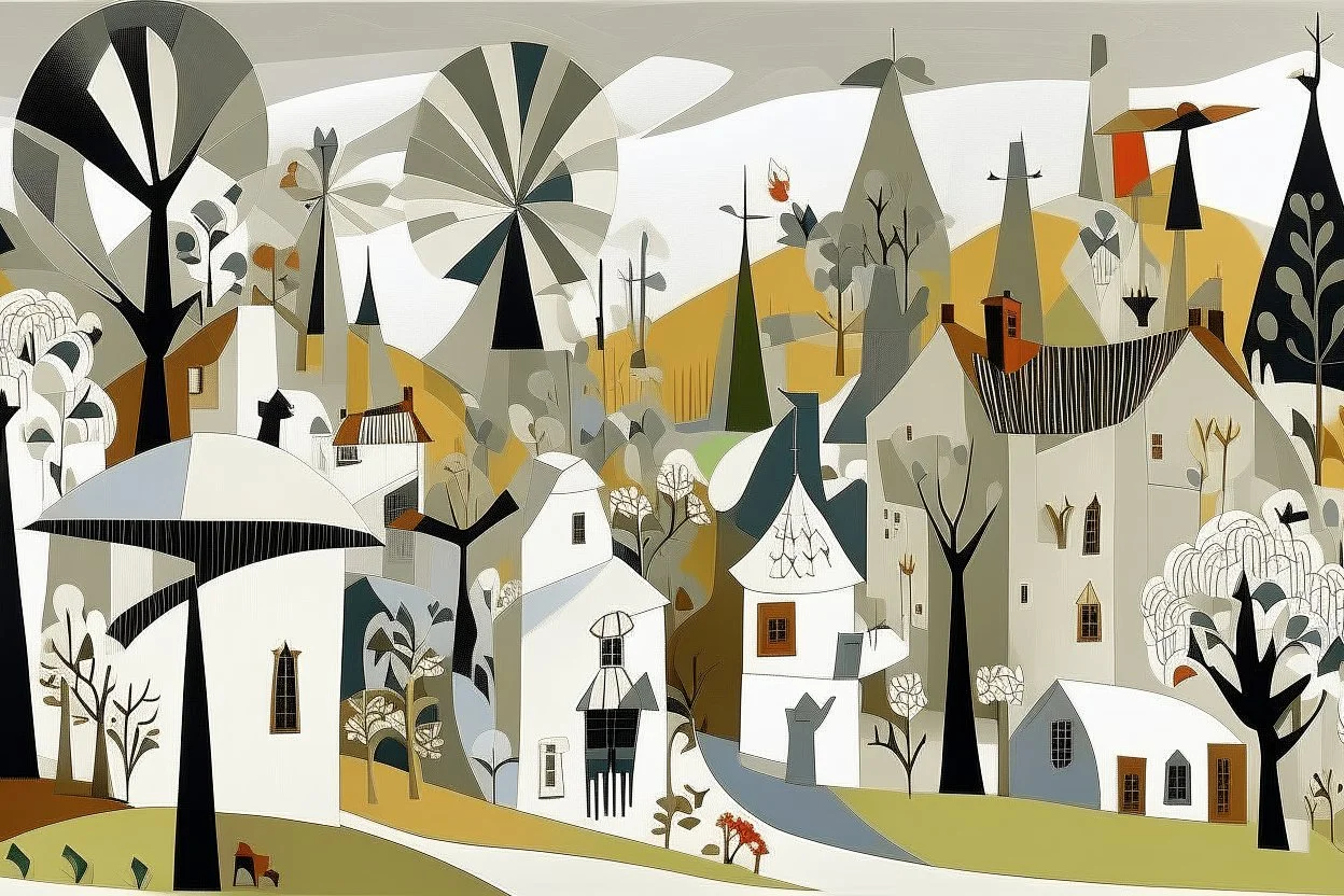 A white village with windmills near a forest designed in African masks painted by Clyfford Still