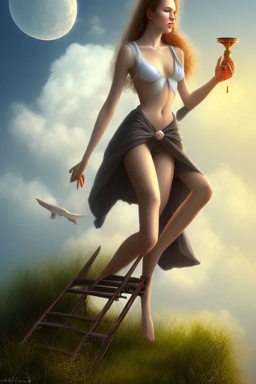  woman on the ladder above clouds