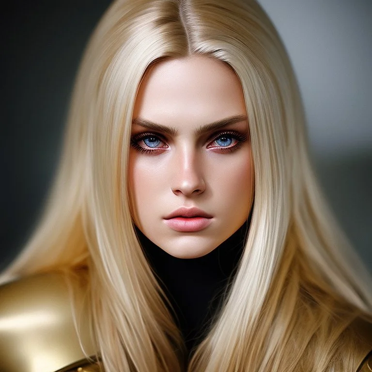 Photorealistic headshot of a fierce blonde warrior