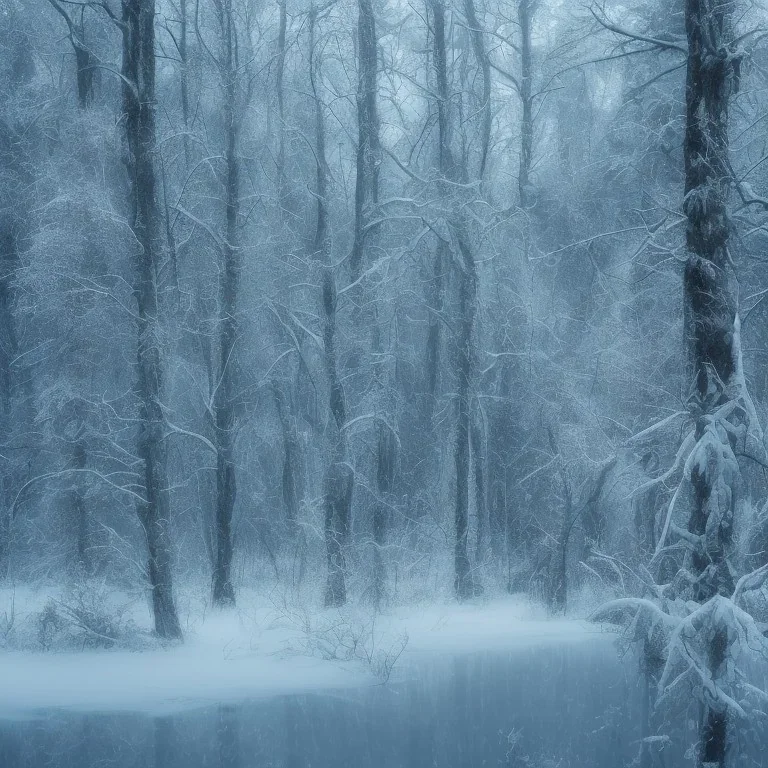 lost in the woods, winter landscape, ice field, crystals, surreal, dreamlike, foggy