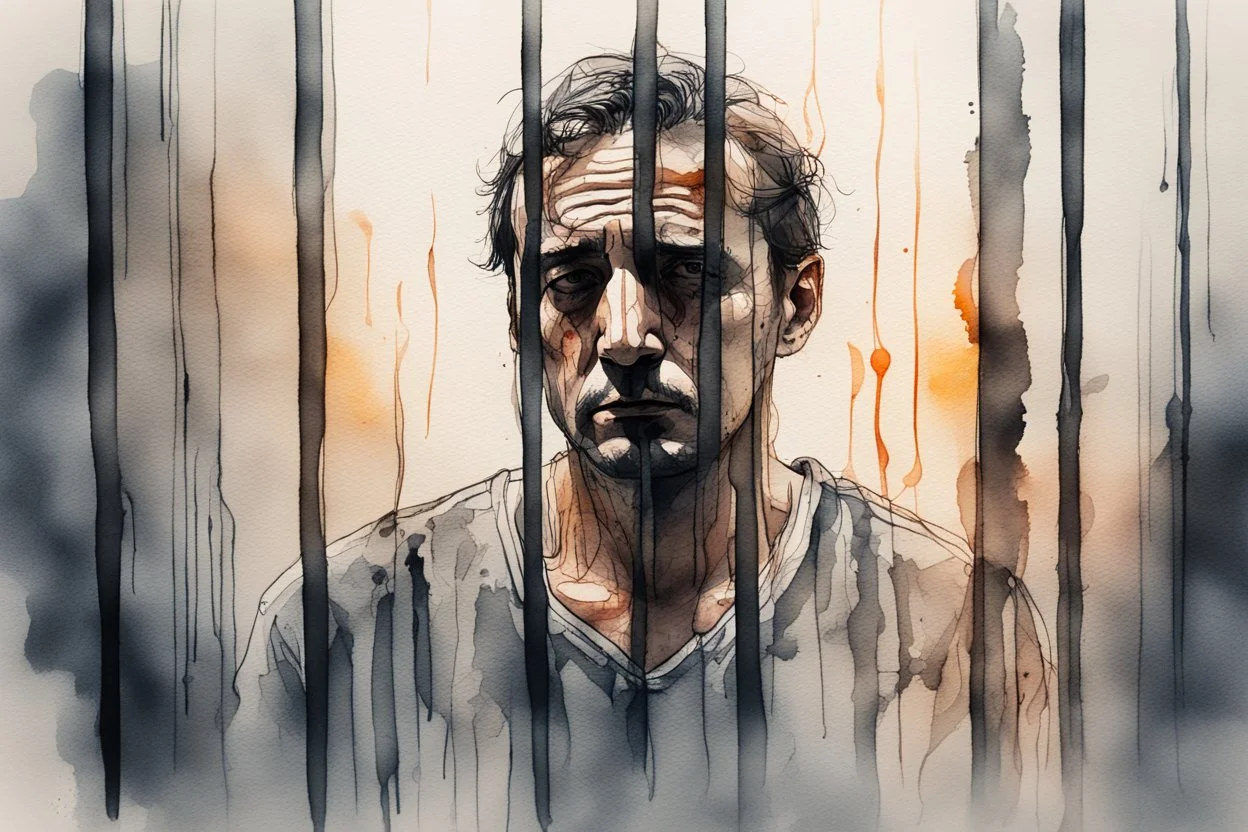 sad, bowed-headed incarcerated man behind bars with his back to us, melting watercolor and black ink outlines on wet paper, soft, shading strokes, in sunshine, ethereal, otherwordly, cinematic postprocessing, bokeh, dof